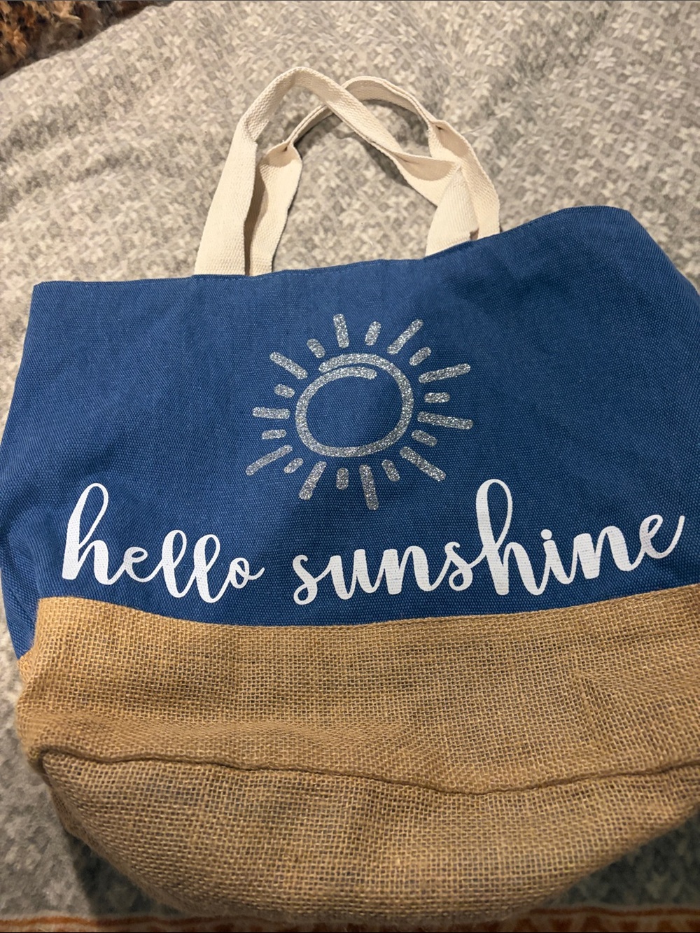 Hello Sunshine ~ Blue & Tan Cotton and jute Tote Bag with sparkling Glitter Sun